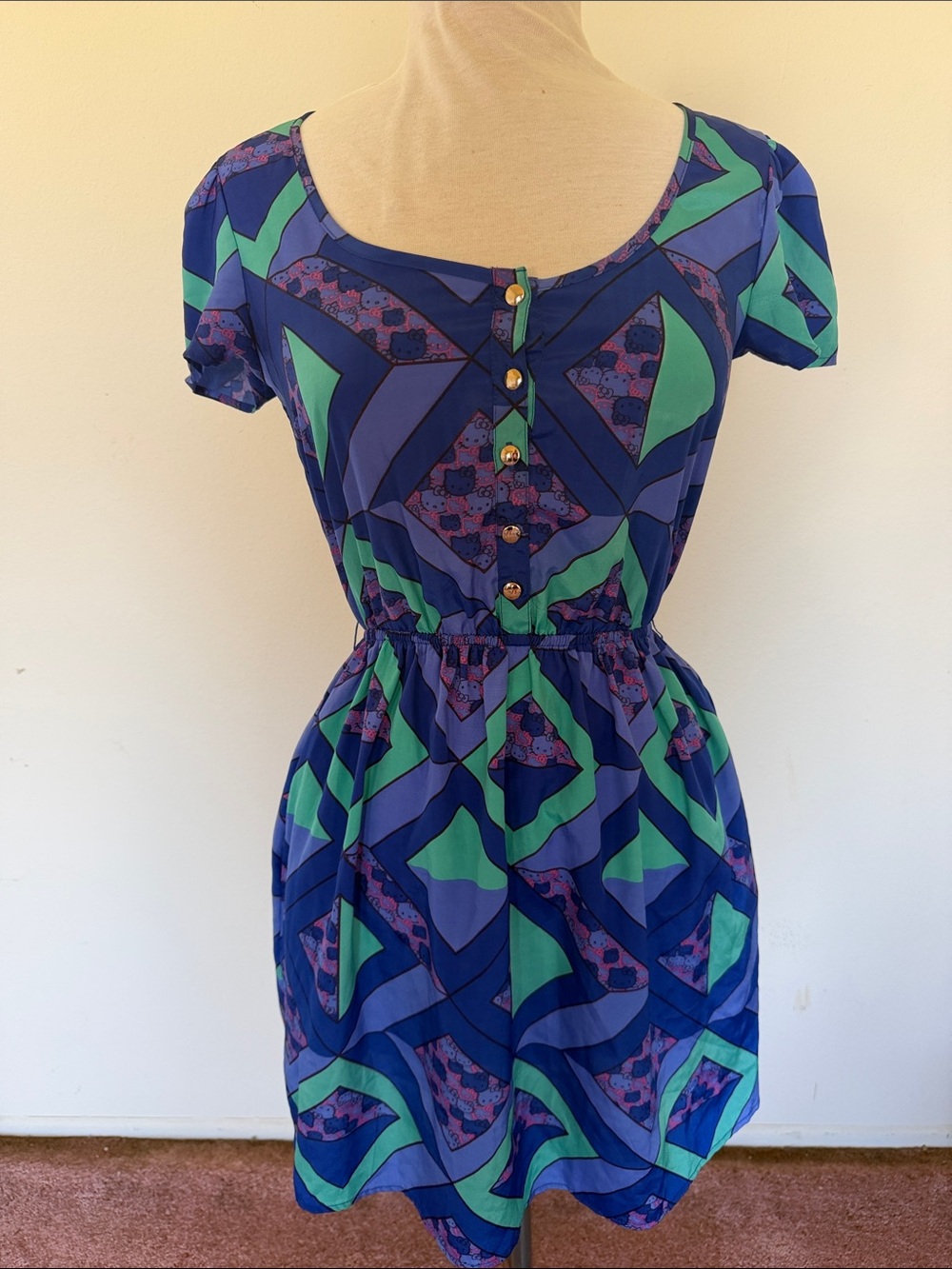 Hello Kitty Blue & Green Geometric Short Sleeve Dress w/Pockets